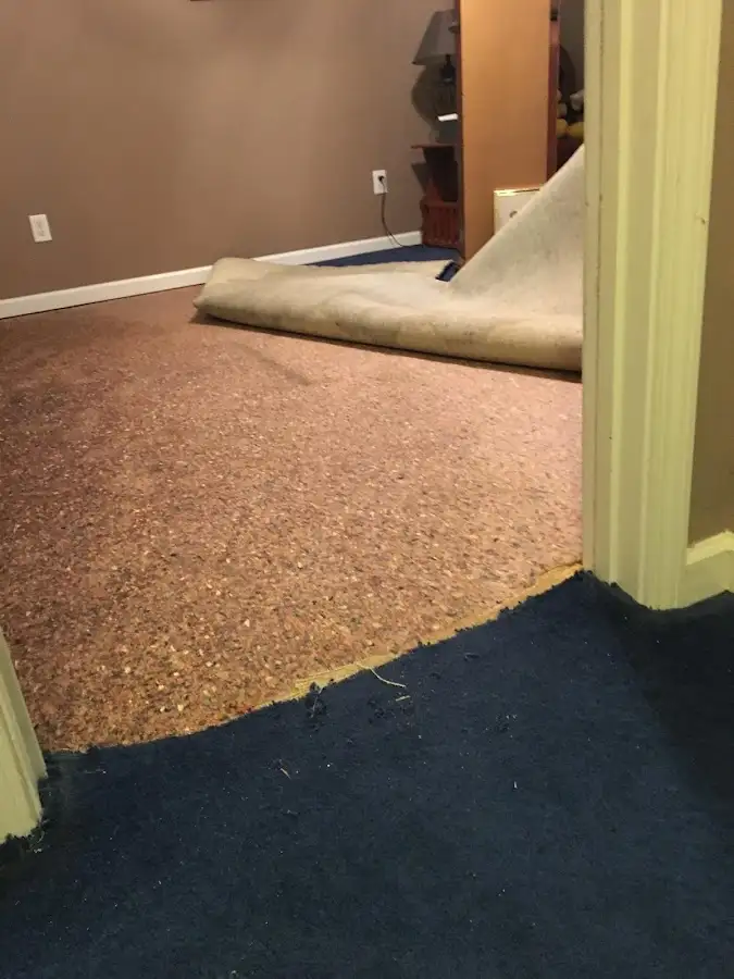 Carpet pad removal revealing water damage during Drying & Dehumidification in Hanahan